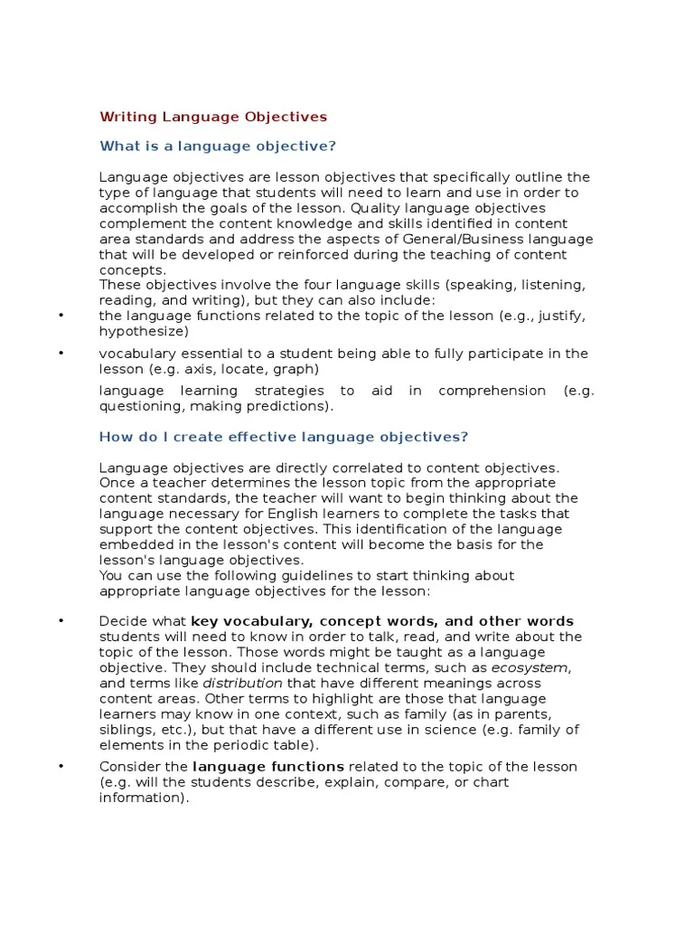 Worksheet for developing student-facing language objectives in phonics