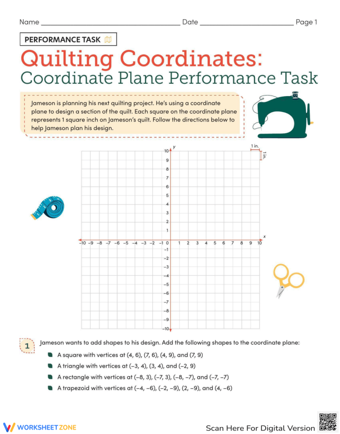 Sixth grade student plotting quilt design points on a coordinate plane performance task worksheet