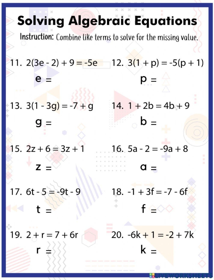 A young student working on a worksheet that requires solving for x in algebraic equations