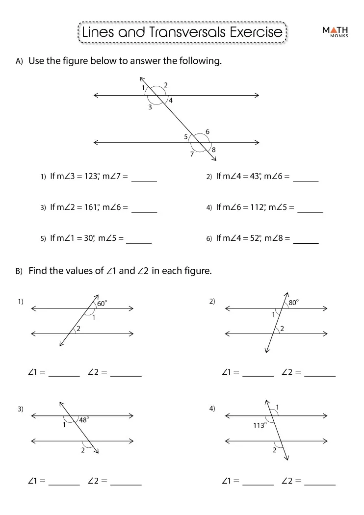 Parallel Lines Cut by a Transversal Practice Problems for Middle School Math Eighth grade student solving geometry problems involving parallel lines and transversal angles on a worksheet