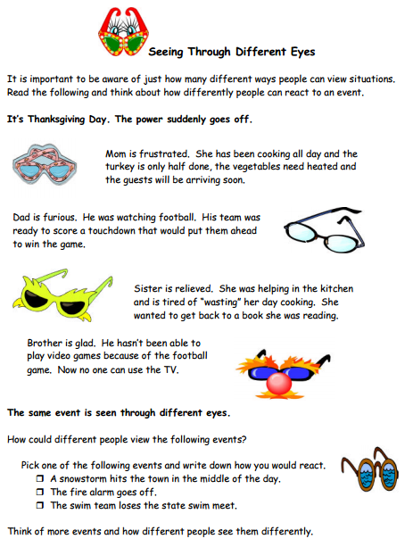 Students engaging in group discussions to explore various perspectives on a worksheet titled "Seeing and Understanding Through Others’ Eyes