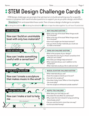 Writing worksheet for Second Grade STEM design challenge cards for second graders to inspire creativity and problem-solving. Engaging worksheet for building innovative solutions.
