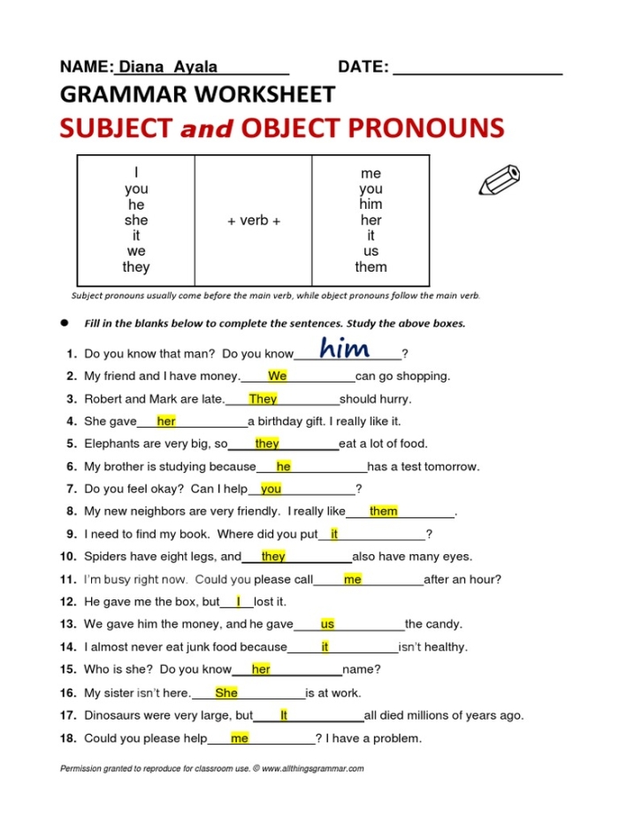 Second grade students completing pronoun exercises by selecting correct subject and object pronouns to fill in sentence blanks on worksheet nine