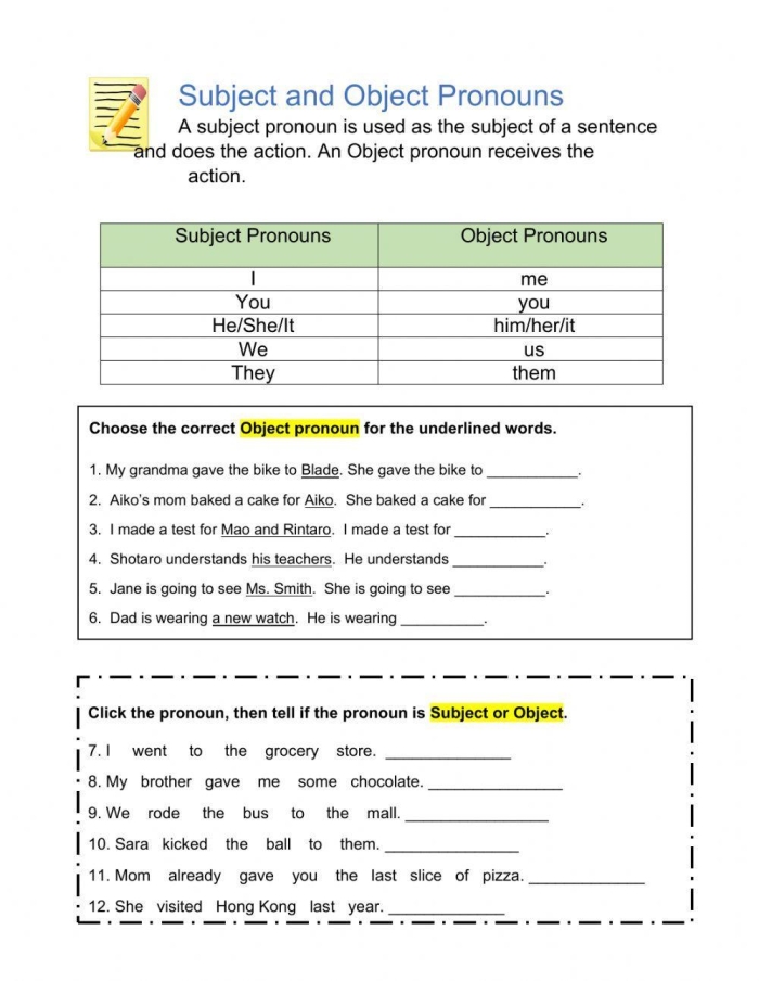 Second grade student working on a Subject and Object Pronouns worksheet