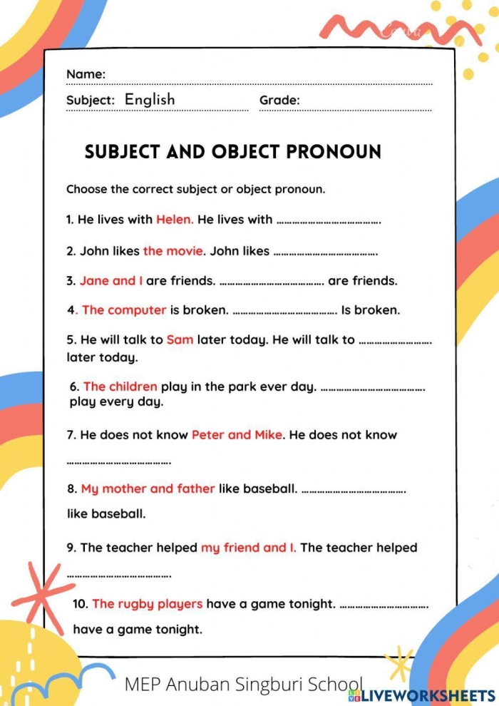 Second grade student completing a subject and object pronouns worksheet exercise with multiple choice pronoun selections