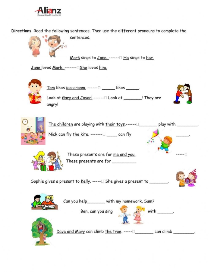 Second grade student completing a subject and object pronouns worksheet to improve grammar skills