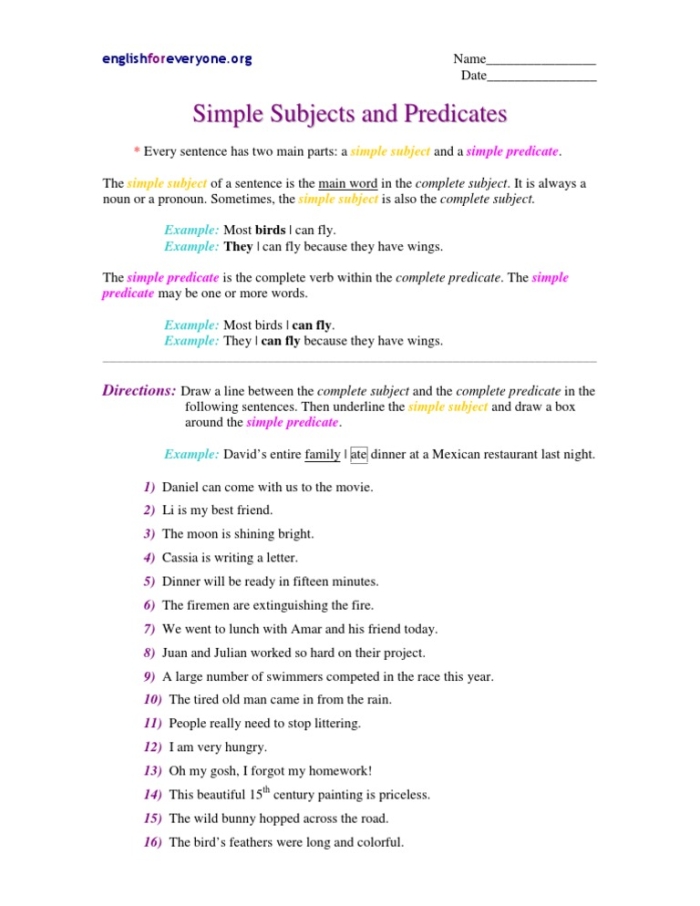 Subject and Predicate Identification Practice Activity 9 Fourth grade grammar worksheet showing exercises for identifying subjects and predicates in complete sentences for English learners