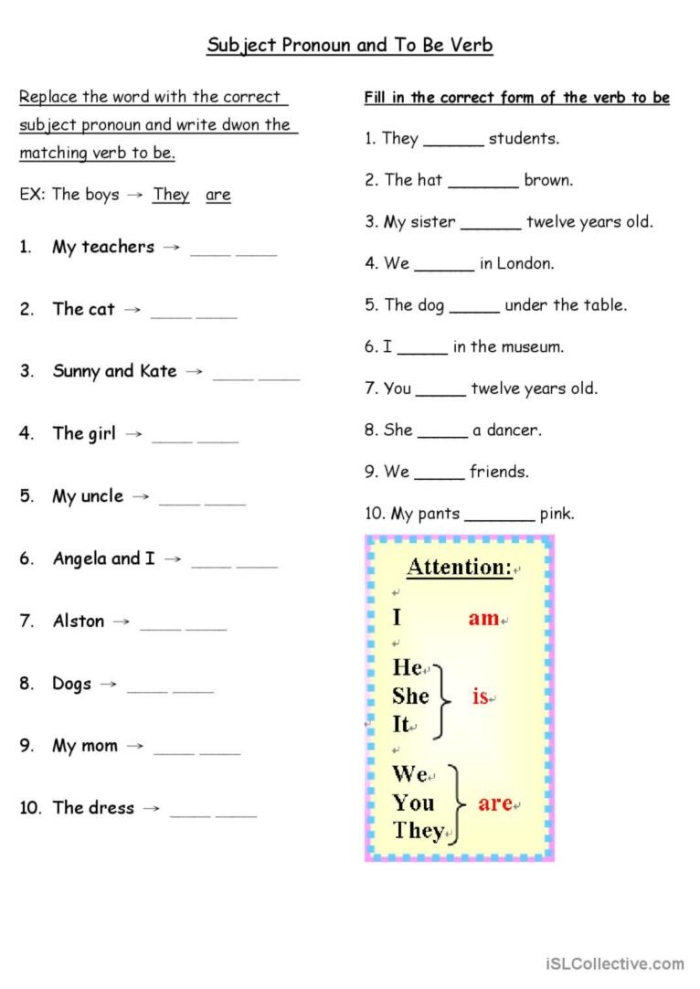 Subject Pronouns for Kids Worksheet Page 24 First grade student practicing subject pronouns with colorful vocabulary visuals on a worksheet