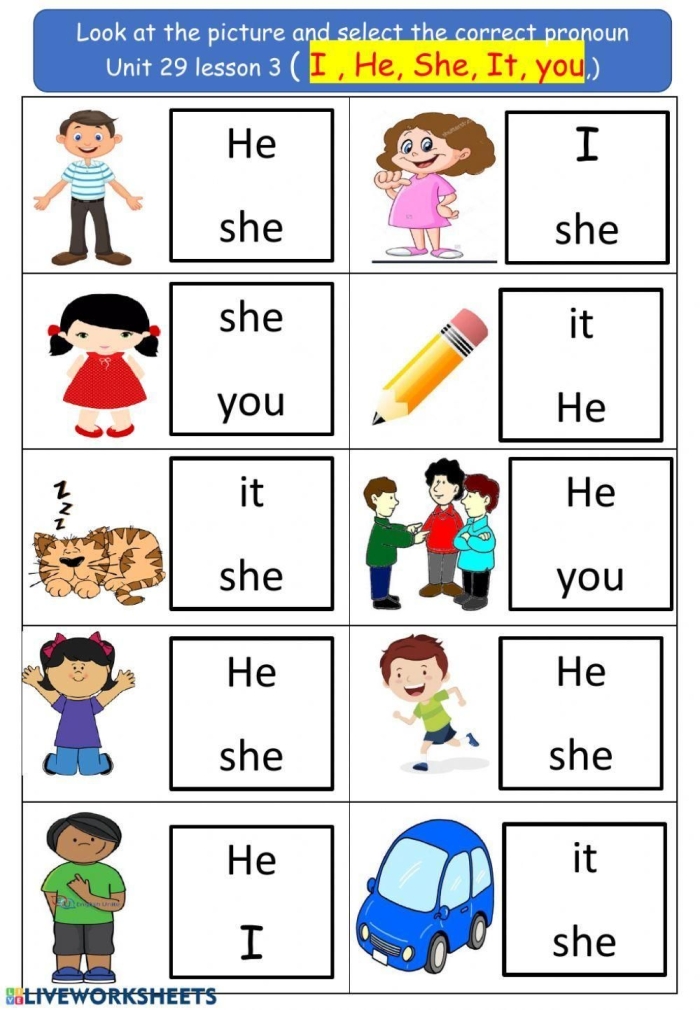 Subject Pronouns for Kids Worksheet 22 Colorful first grade worksheet featuring animal characters and subject pronouns for students to practice