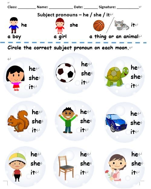 Subject Pronouns Worksheet for First Grade Kids Image 5 First grade students practicing subject pronouns with colorful vocabulary worksheet five