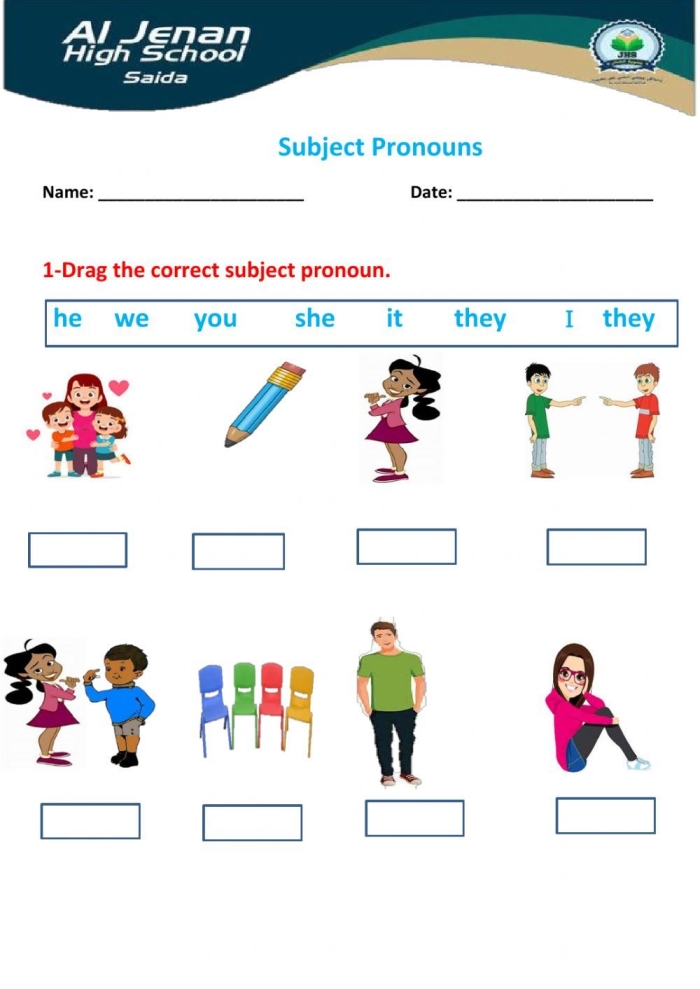 Subject Pronouns for Kids Worksheet 7 First grade worksheet featuring colorful illustrations to help children practice subject pronouns