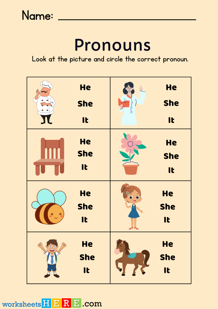 Subject Pronouns for Kids Worksheet Number Fourteen First grade student worksheet featuring colorful illustrations to help children practice subject pronouns
