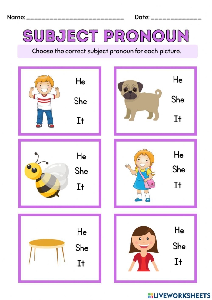 Subject Pronouns for Kids Worksheet 10 First grade worksheet featuring colorful illustrations to help children practice subject pronouns