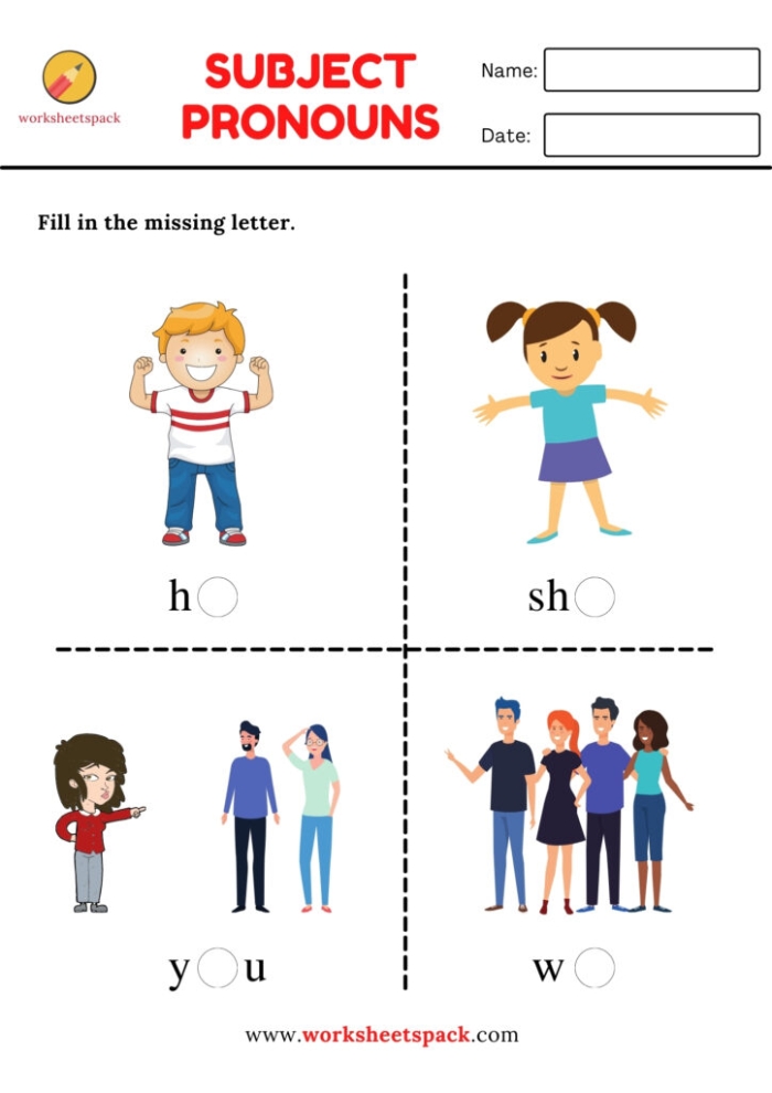 Subject Pronouns Practice Activity for Elementary Students with Bright Illustrations Colorful first grade worksheet showing subject pronouns with visual examples for young learners to practice writing and vocabulary
