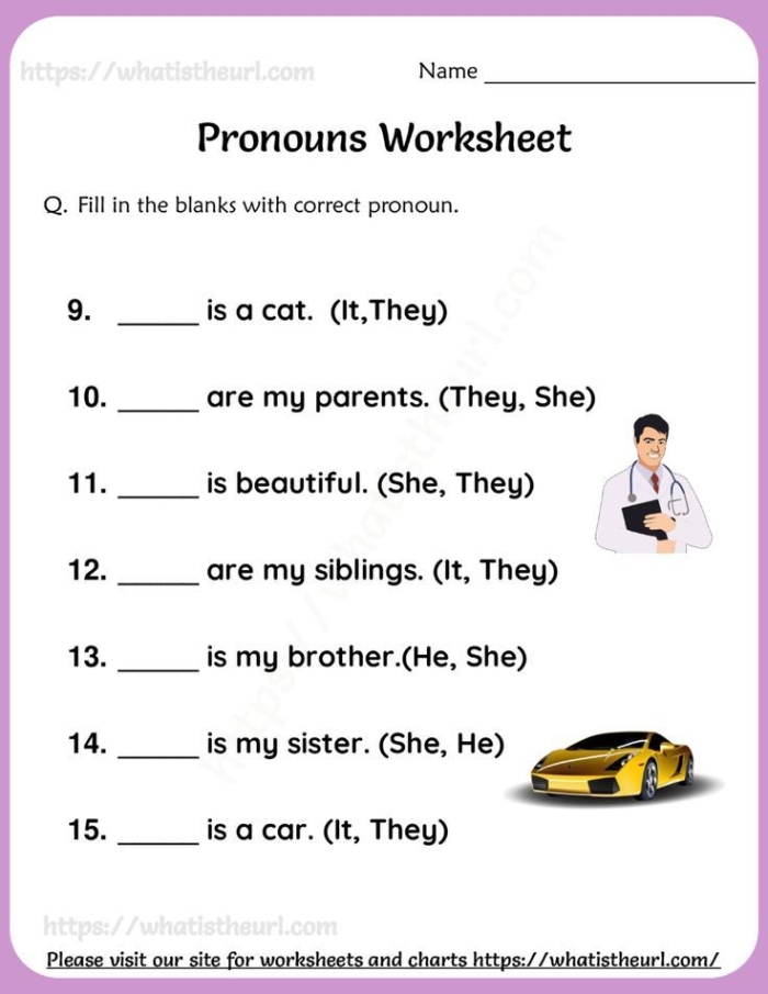 Subject Pronouns Practice Activity 11 for Elementary Students Colorful first grade worksheet showing subject pronouns with visual examples for young learners to practice writing