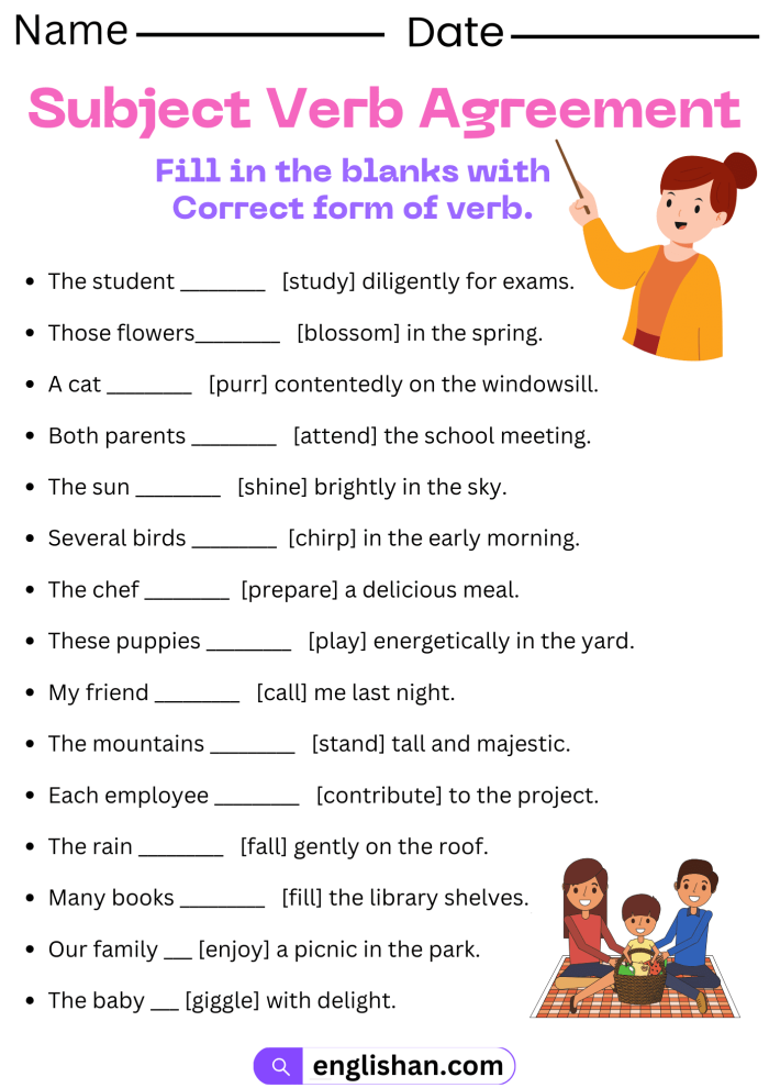 Third grade grammar worksheet showing subject-verb agreement practice exercises with sentences for students to complete