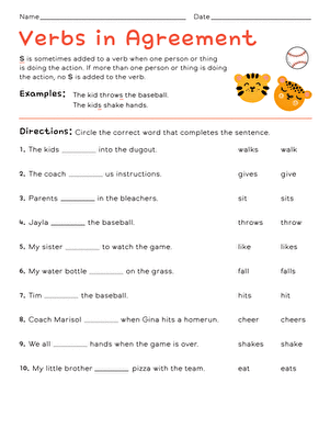 Subject-Verb Agreement Quiz worksheet for first graders focusing on grammar skills