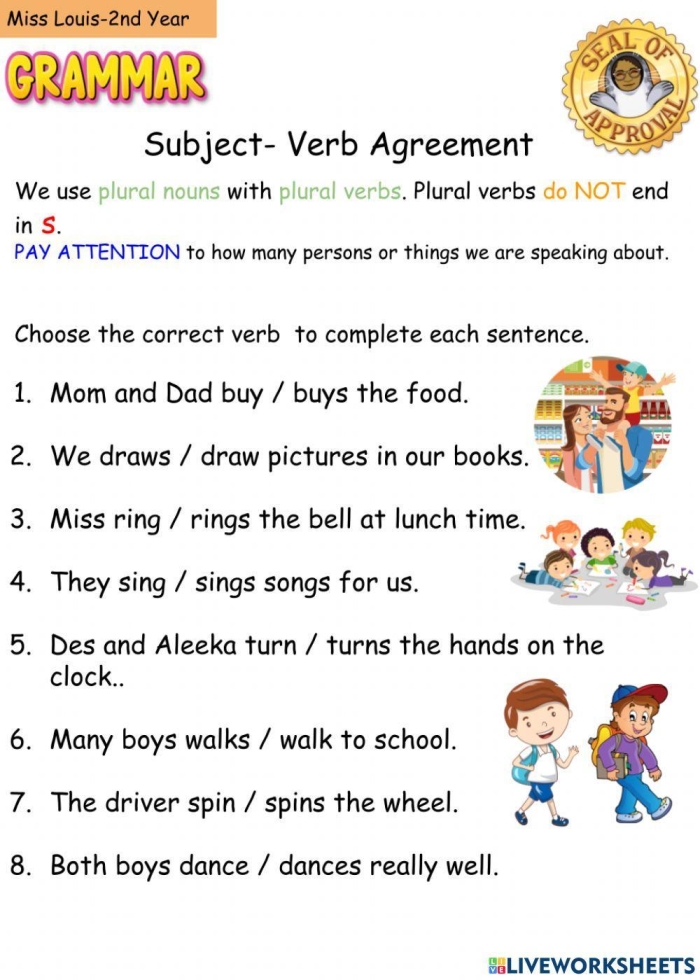 Third grade grammar worksheet featuring subject-verb agreement exercises for students