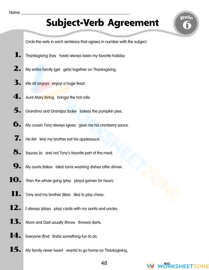 Third grade worksheet featuring subject-verb agreement exercises for grammar practice