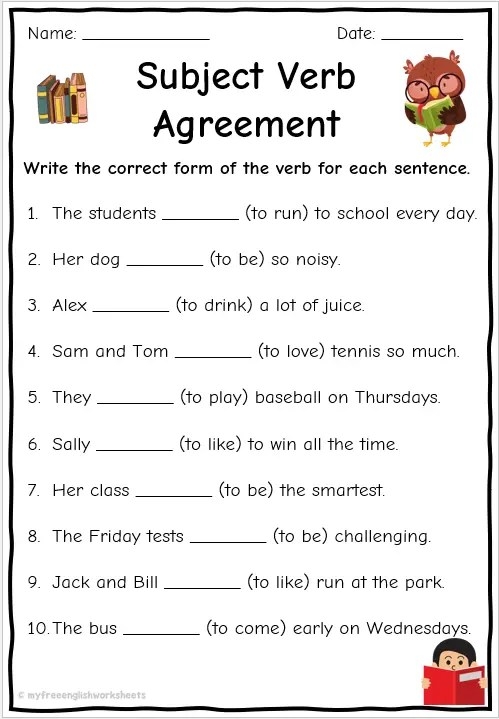 Third grade grammar worksheet showing subject-verb agreement practice with sentences for learners to complete by selecting matching verbs