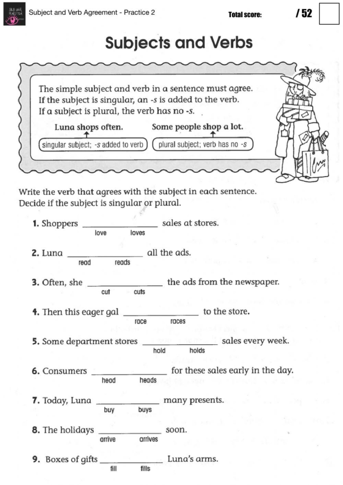 Third grade students practicing subject-verb agreement by selecting the correct verb for each sentence in this grammar worksheet 25