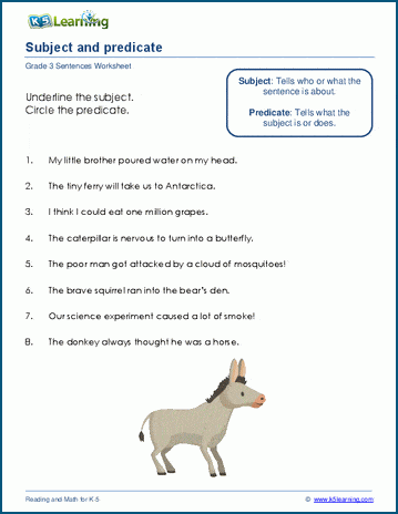 Identifying Subjects and Predicates Practice Activity 25 Fourth grade grammar worksheet showing exercises for identifying subjects and predicates in complete sentences for English learners