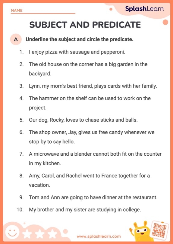Identifying Subjects and Predicates Practice Activity 24 Fourth grade grammar worksheet showing exercises for identifying subjects and predicates in complete sentences