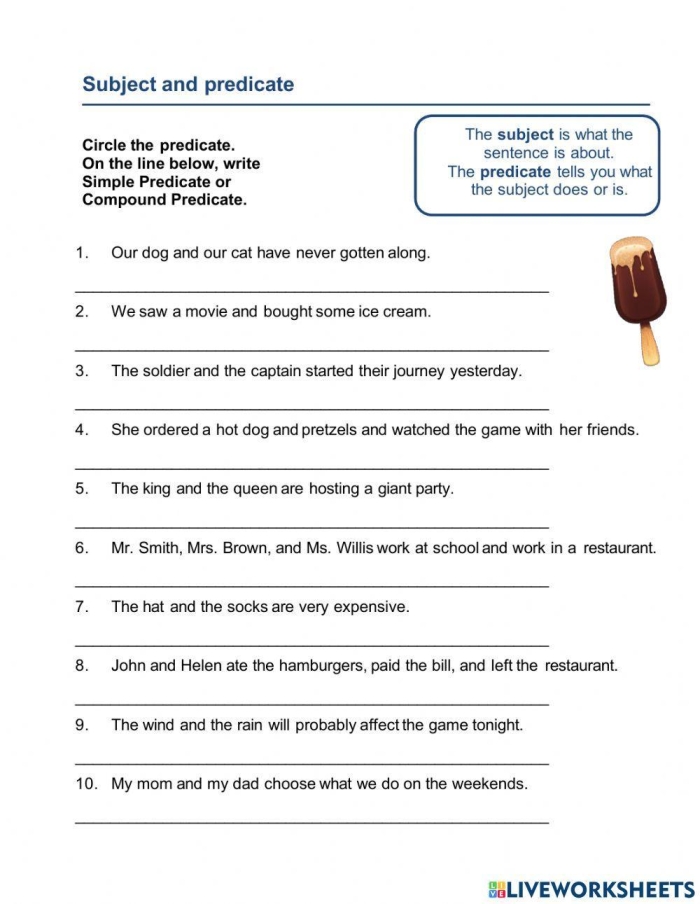 Identifying Subjects and Predicates Worksheet 7 Fourth grade student worksheet for identifying subjects and predicates in sentences