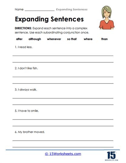 Expanding Sentences Let’s Get Complex worksheet 15 for vocabulary development Third grade student working on an Expanding Sentences Let’s Get Complex worksheet with subordinating conjunctions