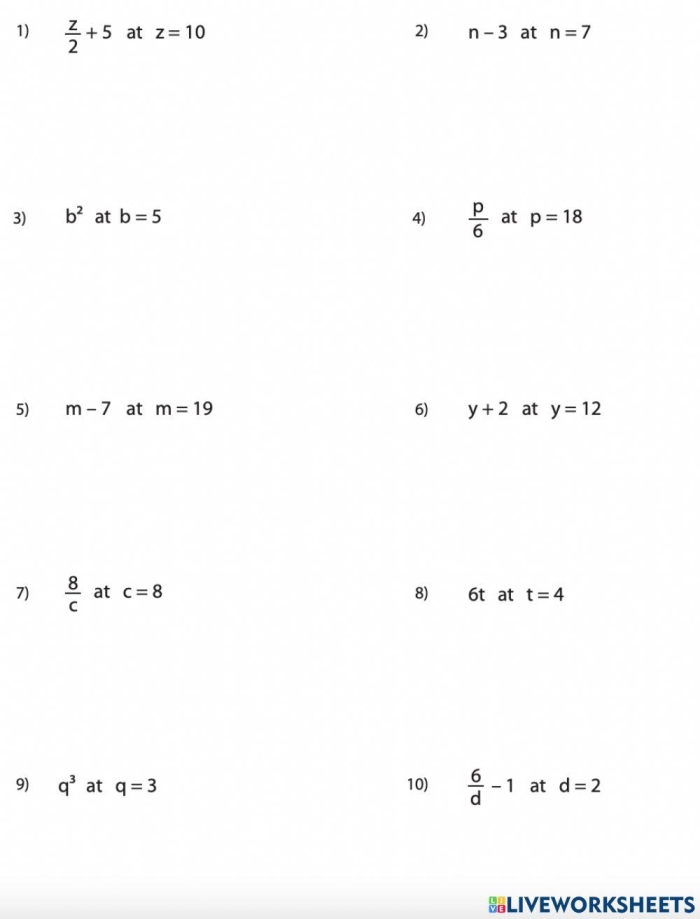 Sixth grade student solving algebraic expressions by substituting variable values and applying order of operations