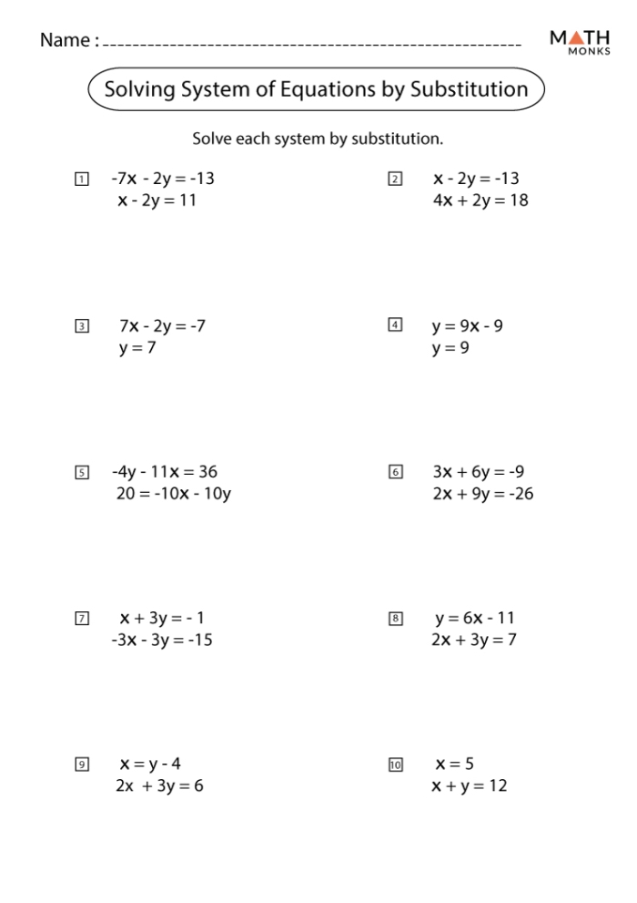 Systems of Equations Substitution Maze Worksheet Number Two Eighth grade math students solve a maze by applying the substitution method to various systems of equations