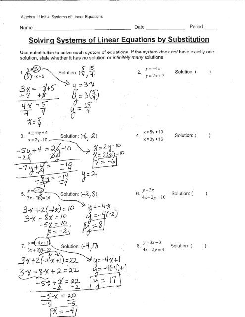 Eighth grade student working through substitution method problems to solve systems of linear equations on a practice worksheet