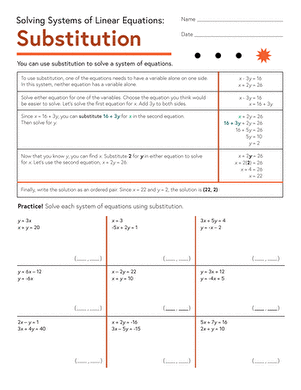 Eighth grade math worksheet focusing on solving systems of linear equations using the substitution method
