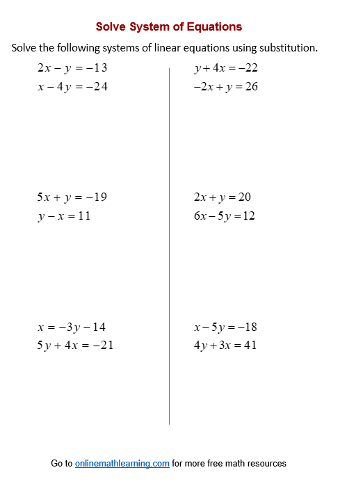 Eighth grade math worksheet focusing on solving systems of linear equations through substitution method 11
