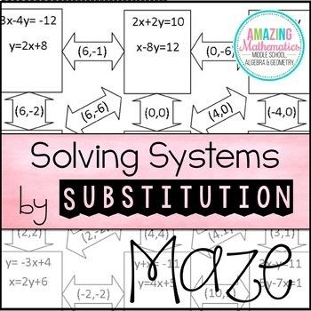 Systems of Equations Substitution Maze Worksheet 13 Eighth grade math worksheet featuring a maze focused on solving systems of equations using the substitution method