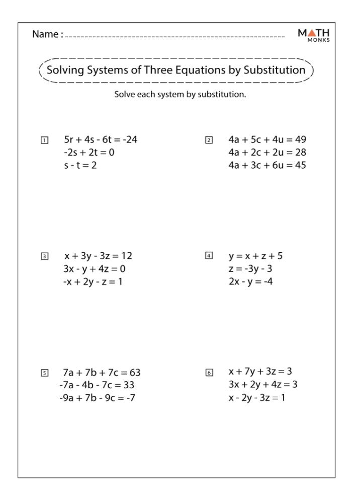 Eighth grade algebra students working on a printable worksheet about solving systems of linear equations using the substitution method