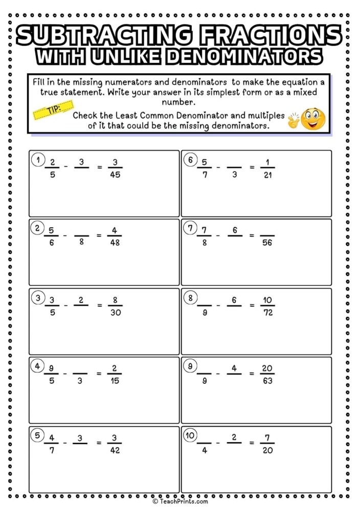 Fifth grade math worksheet showing step-by-step examples of subtracting fractions that have different denominators with visual fraction models
