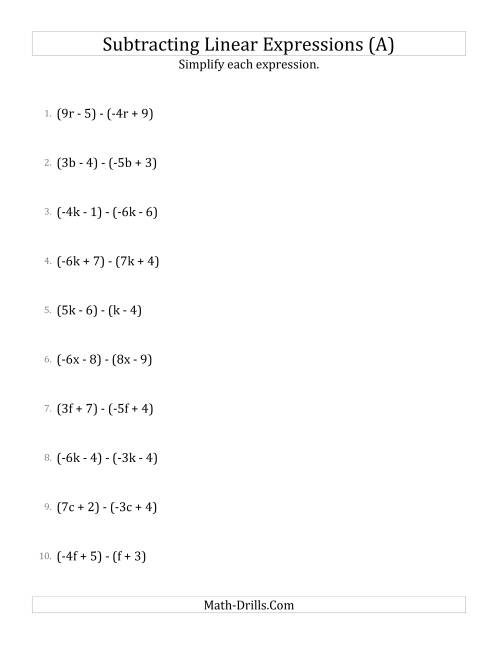 Practice sheet for mastering subtraction of linear expressions Worksheet for subtracting linear expressions in seventh-grade algebra