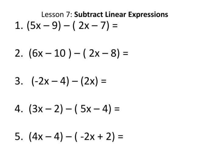 Subtract Linear Expressions Practice Worksheet for Grade 7 Worksheet featuring subtraction of linear expressions for seventh-grade students