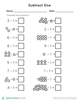 Subtract One Assessment Worksheet 15 for Early Math Learners Pre-K students practice subtracting one from small groups of objects with visual counting aids