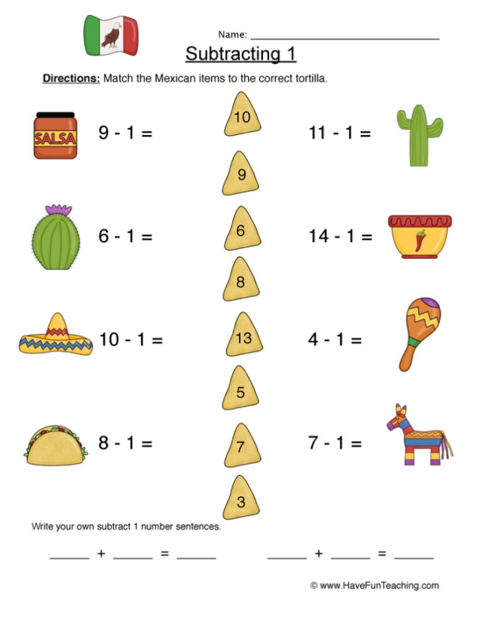 Subtract One Assessment Activity 25 for Pre-K Writing Practice Colorful worksheet showing objects for young learners to remove one item and count the remaining objects to practice basic subtraction skills