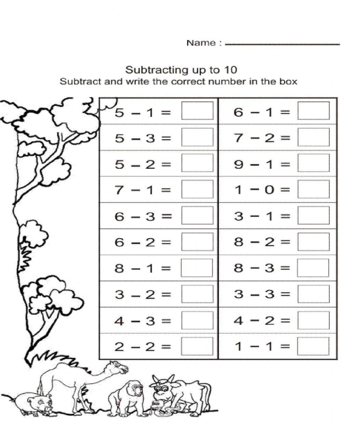 Subtract One Assessment Exercise 13 for Early Learners Pre-K students practicing subtraction by removing one object from groups in a colorful worksheet activity