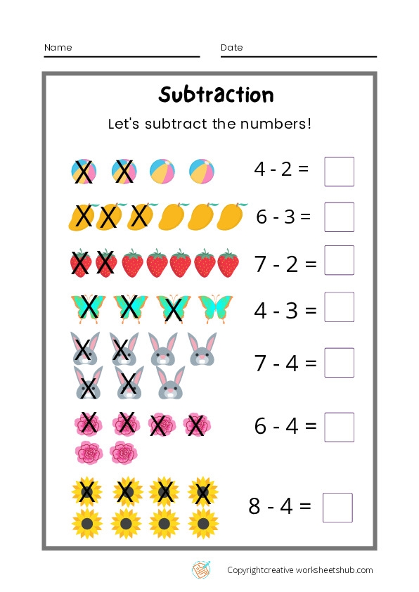 Subtract One Assessment Worksheet for Pre-K Math Skills 2 Pre-K student practicing basic subtraction skills by crossing out one object on a worksheet