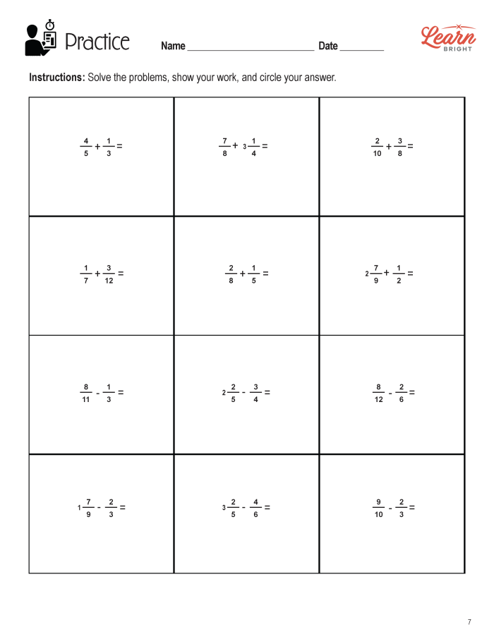 Fifth grade math worksheet featuring subtraction problems with unlike denominators for practice