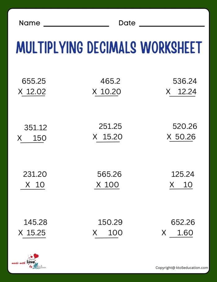Worksheet for fifth graders focused on subtracting decimals with practice problems. Subtracting Decimals Worksheet for 5th Grade Students