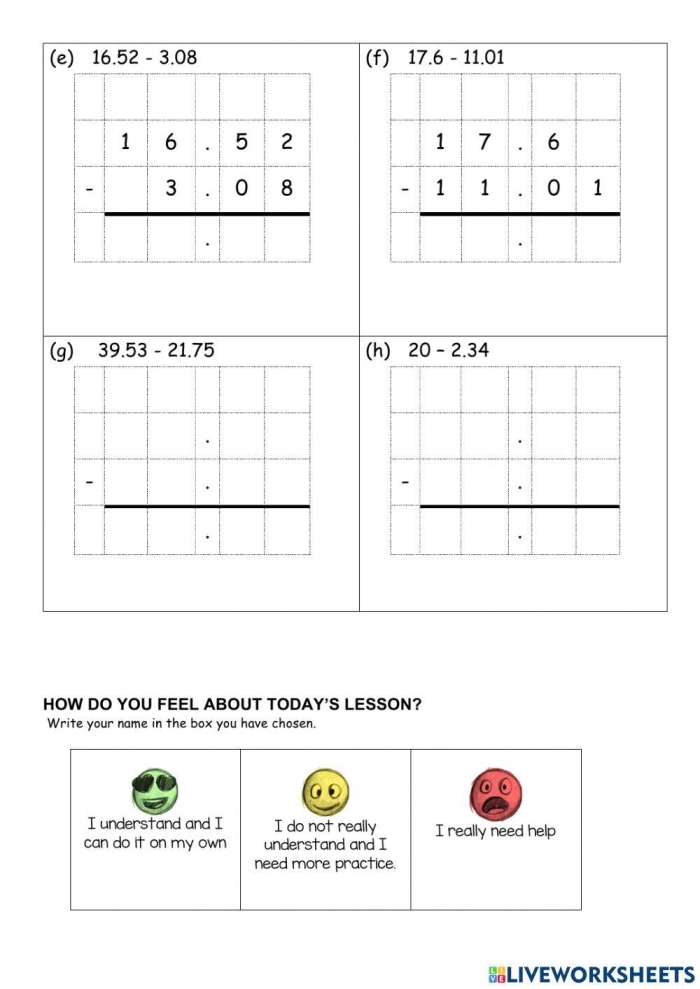 Fifth-grade students practicing subtracting decimals on a worksheet