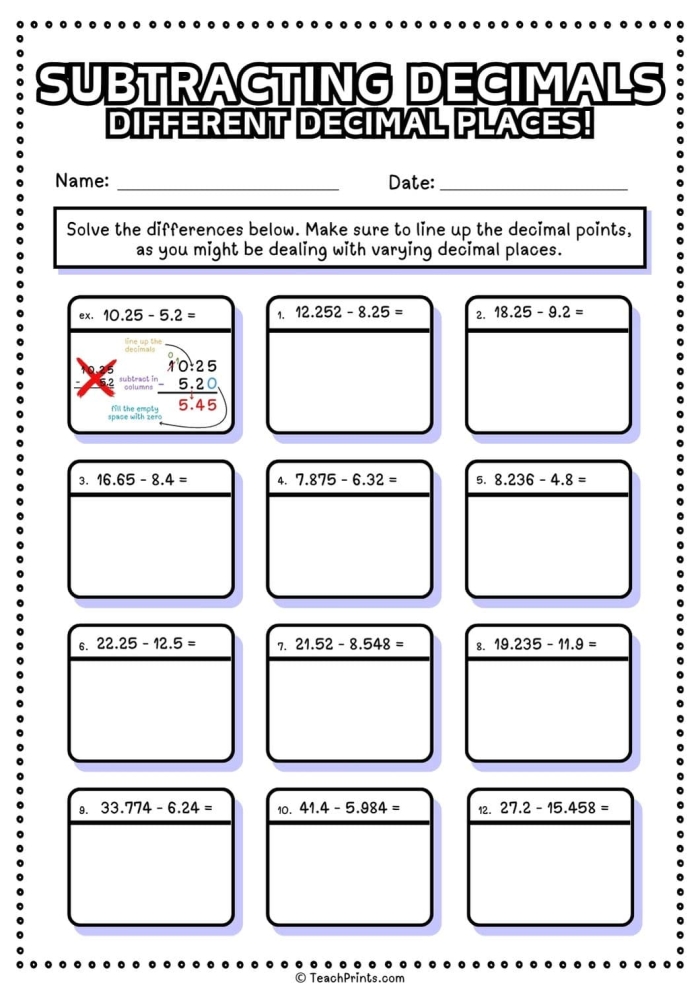 Worksheet for fifth graders focused on subtracting decimals with practice problems. Subtracting Decimals Worksheet for Grade 5 Students