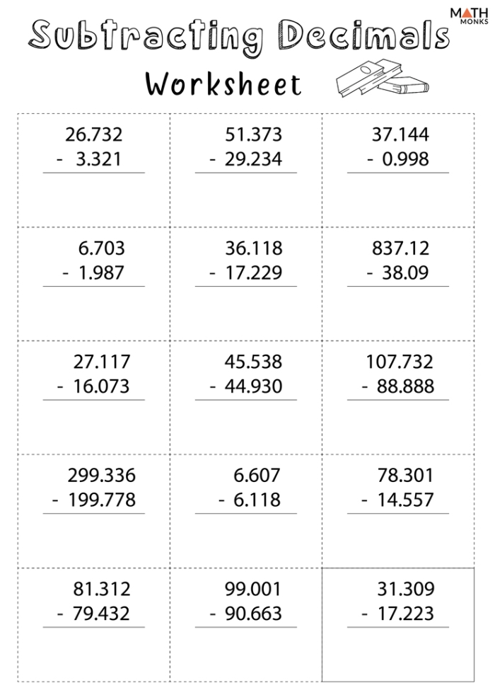 Fifth grade students practice solving subtraction problems with decimals on this educational worksheet