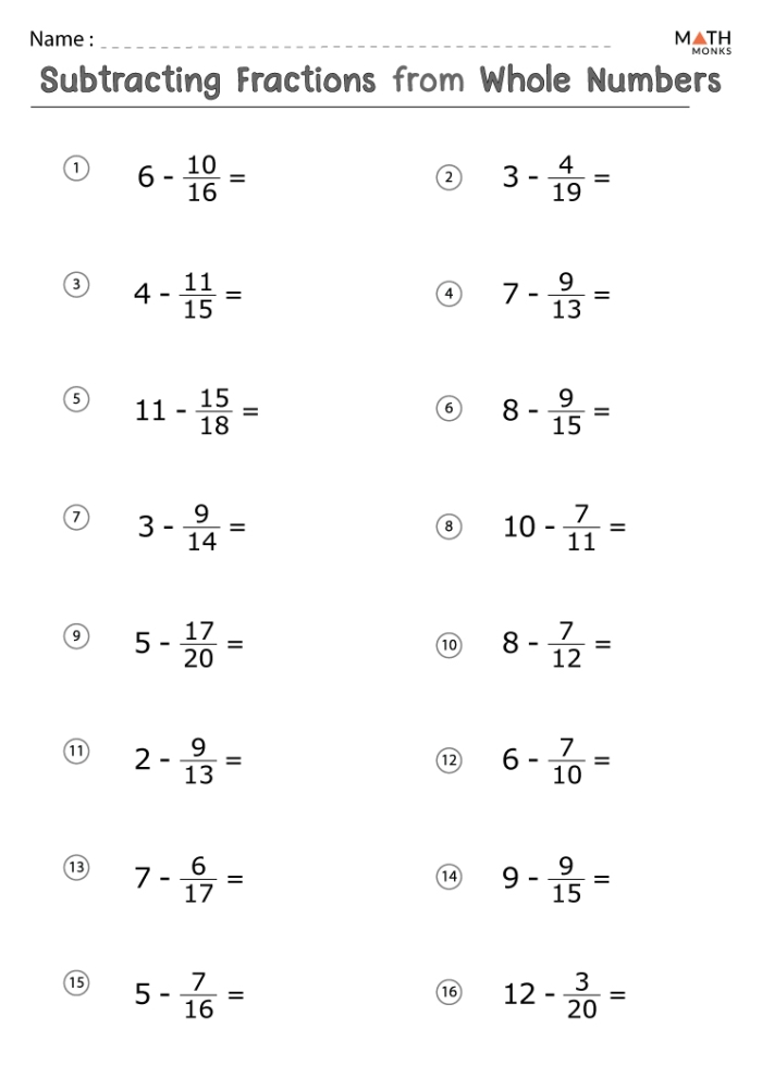 Introducing Fractions Subtracting Fractions Worksheet 08 Fourth grade worksheet featuring problems for subtracting fractions with common denominators