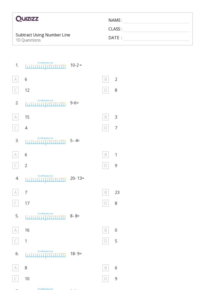 Worksheet showing a number line used for subtracting fractions with common denominators